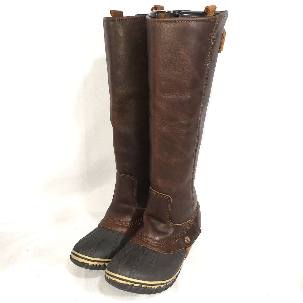 Sorel Brown and Black Tall Leather Heeled Boots